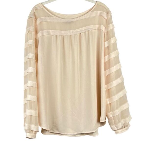 LOFT Women’s Cream Blouse Sheer Striped Sleeves Large - Picture 1 of 16